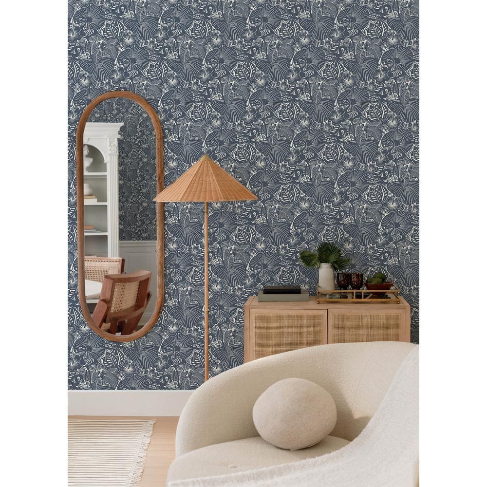 Idalia Navy and White Floral Flamingo Non-Woven Wallpaper