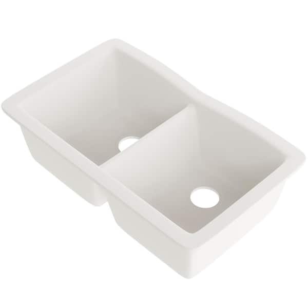 31.75 in. Drop-In/Undermount 50/50 Double Bowl Striking White Granite Composite Kitchen Sink with Optional Bottom Grids