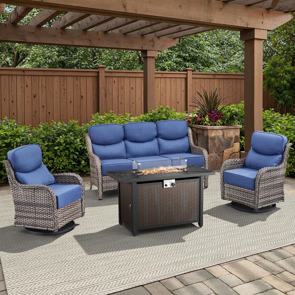 Arcadia Gray 4-Piece Wicker Outdoor Patio Fire Pit Deep Seating Set with 6-Inch Thick Navy Blue Cushions price history on PriceWatchPro