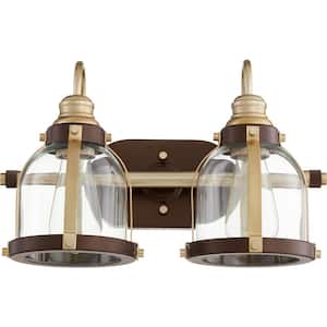 Denny Mid-Century Modern, 16 in. Width in. 2-Lights Aged Brass Finish Vanity Light with Clear Fluted Glass Shades