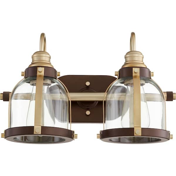 Quorum INTERNATIONAL Denny Mid-Century Modern, 16 in. Width in. 2-Lights Aged Brass Finish Vanity Light with Clear Fluted Glass Shades