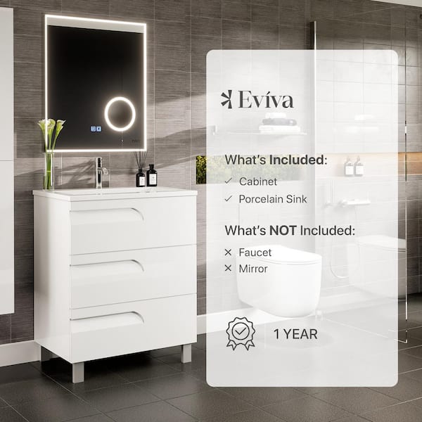 Eviva Joy 28 in. W x 18 in. D x 20.5 in. H Freestanding Single Sink Bath Vanity in White with White Porcelain Top