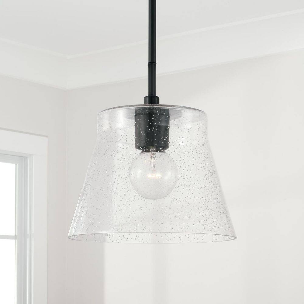 Matte Black Single Pendant Light with Clear Seeded Glass Shade