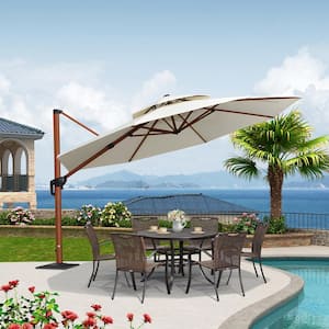 12 ft. Octagon High-Quality Wood Pattern Aluminum Cantilever Polyester Patio Umbrella with Base Plate, Cream