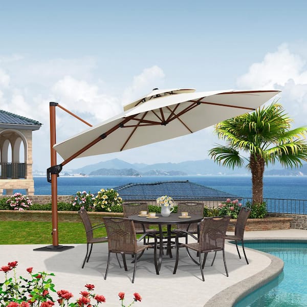 PURPLE LEAF 12 ft. Octagon High-Quality Wood Pattern Aluminum Cantilever Polyester Patio Umbrella with Base Plate, Cream