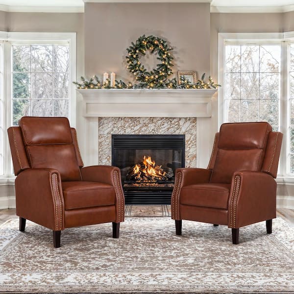 cozyman Valkyrie Dark Reddish Brown Genuine Leather Recliner Chair Arm Chair with Double Cushion & Adjustable Footreat Set of 2