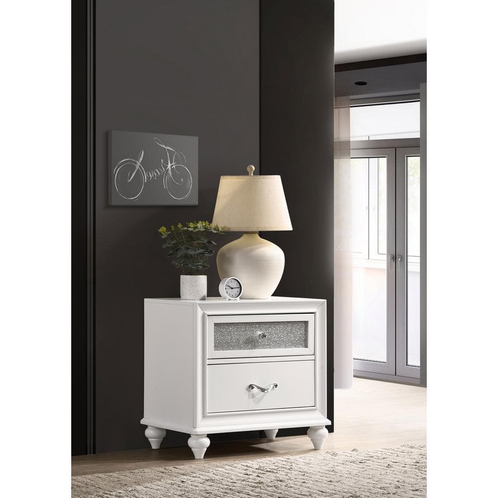 White Glam 2-Drawer Nightstand with Crystal Hardware