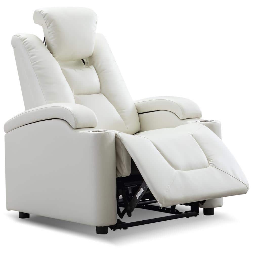 sumyeg White Faux Leather Power Armrest Lift Standard Recliner Inside Controlled Button Recliner