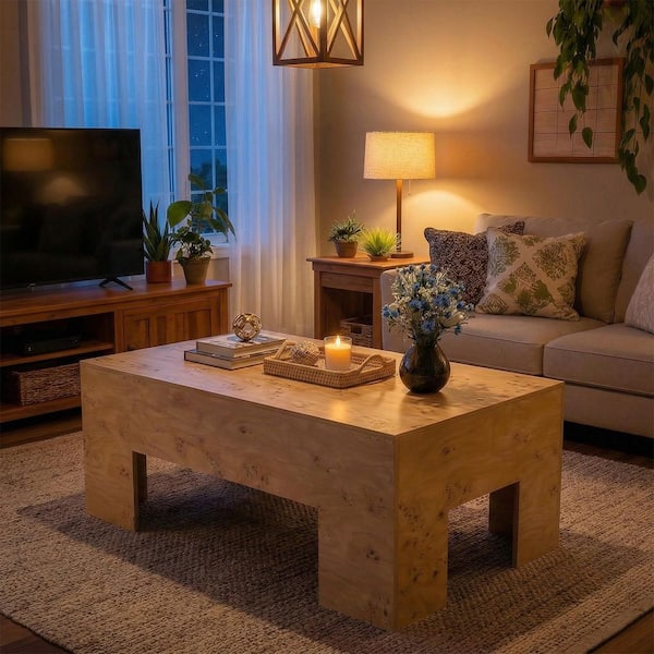 BYBLIGHT Allan 47.2 in. Buff Rectangular Wood Coffee Table, Low Large ...