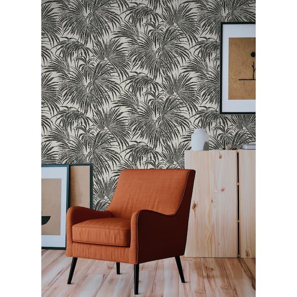Black & White Cassava Glossy Vinyl Palm Peel & Stick Wallpaper