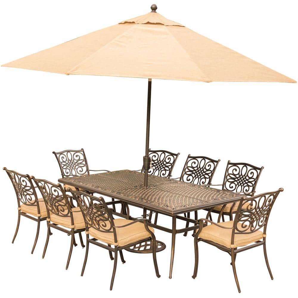 Hanover Traditions 9-Piece Outdoor Dining Set with Rectangular Cast-Top Table with Natural Oat Cushions, Umbrella and Base -  TRADDN9PC-SU