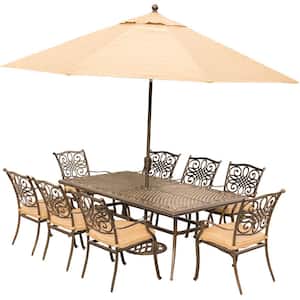 Traditions 9-Piece Outdoor Dining Set with Rectangular Cast-Top Table with Natural Oat Cushions, Umbrella and Base