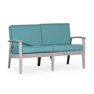 Outdoor Silver Gray Wood Dining Bench, 53 in. W Patio Loveseat with Sage Cushions, Arms