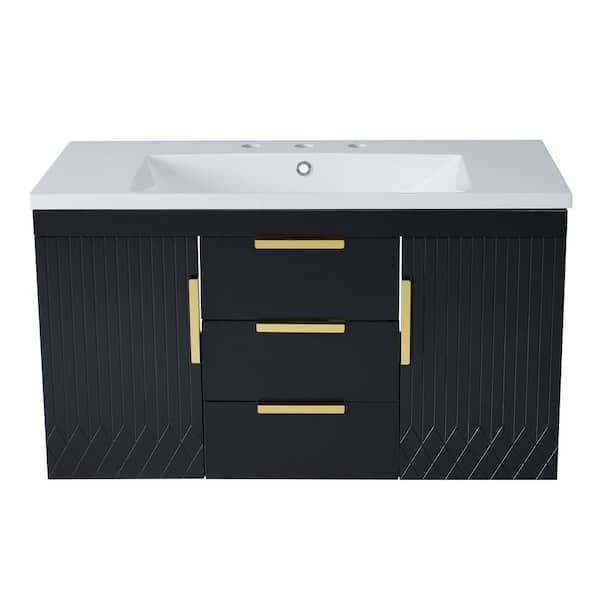 36 in. Single Sink Floating Black Bath Vanity with White Resin Top, 2 Drawers and 2 Cabinets, Smooth Slide Rail