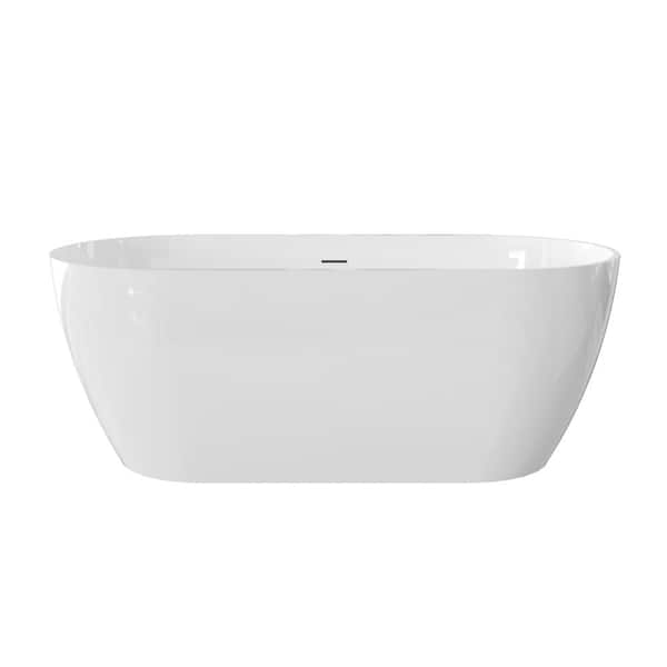 59 in. x 29.5 in. Solid Surface Freestanding Soaking Bathtub with Center Drain in Glossy White