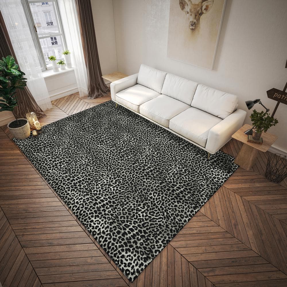 Safari Shadow Black and Gray Leopard Print 3' x 5' Washable Rug