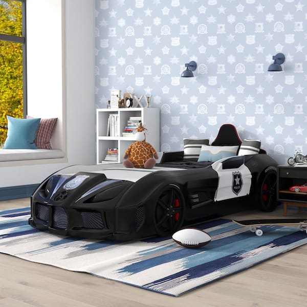 Castlerock Black and White Twin Kid's Police Car Bed with Sound and LED Lights