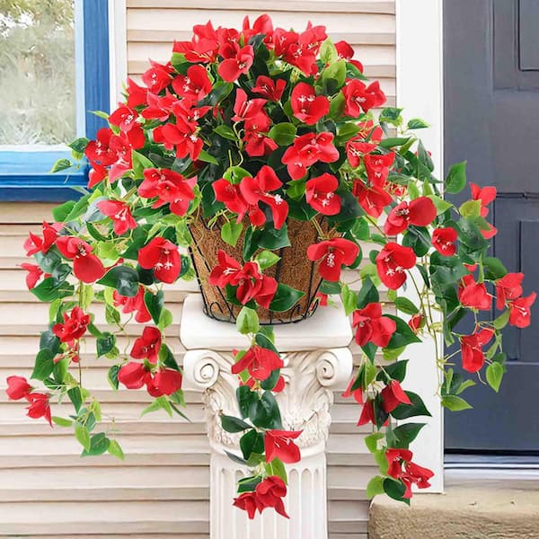 27 in. Red Indoor/Outdoor Hanging Artificial Bougainvillea Flowers