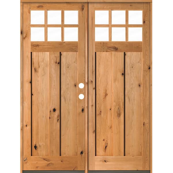 Krosswood Doors 64 in. x 96 in. Craftsman Knotty Alder Left-Hand/Inswing Double 6 Lite Clear Glass Clear Stain Wood Prehung Front Door