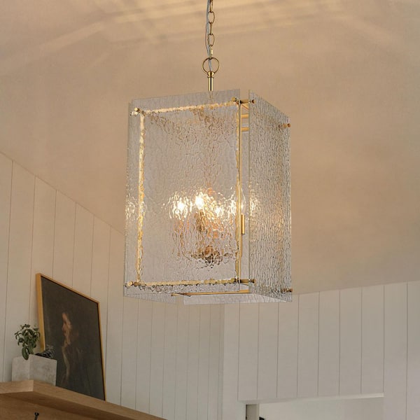 EDISLIVE Ellison 4-Light Brass Lantern Modern Chandelier with Water Grained Glass