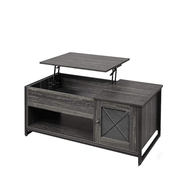ULSMVOC SMT 42 in. Gray Rectangle Industrial Lifting Top Wooden Coffee Table, Metal Mesh Cabinet Door with Hidden Compartment