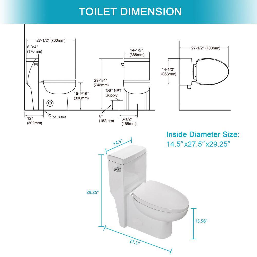 White Ceramic Elongated One-Piece Toilet with Soft-Close Seat