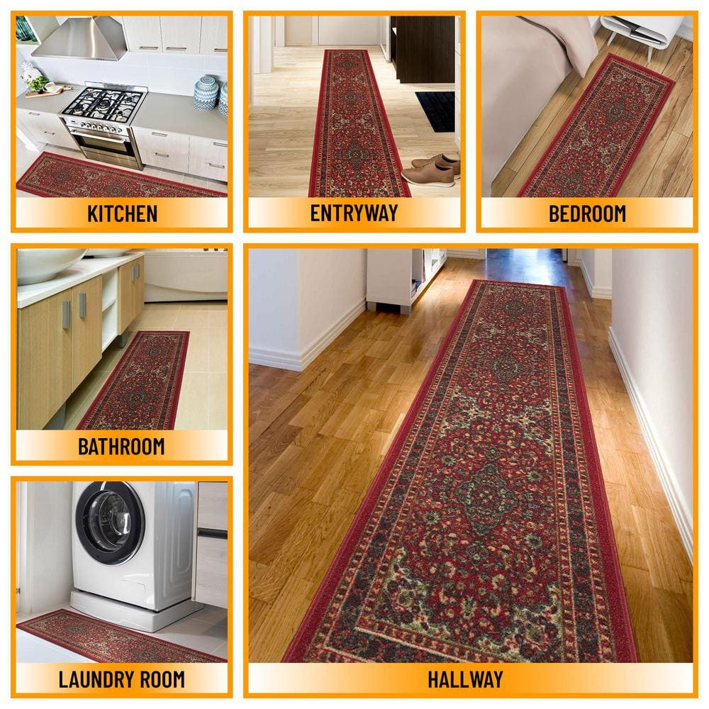 Red Oriental Design Washable Non-Slip Runner Rug