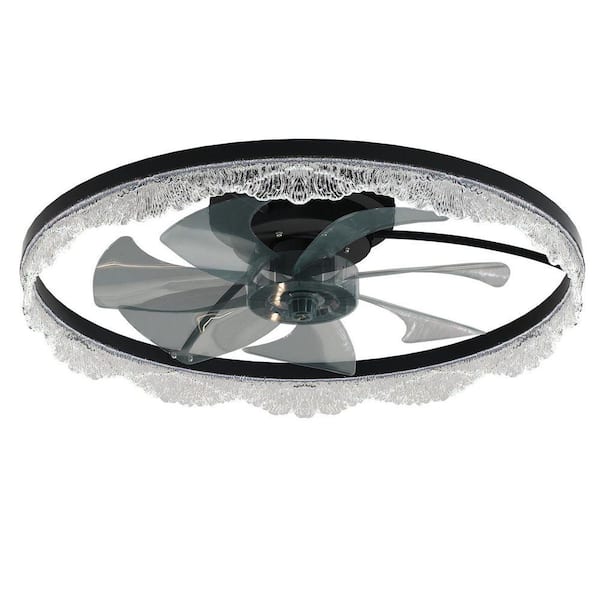 24 in. Flush Mount Ceiling Fan with Light Indoor Standard Black Fan w/ Crystal Wave Light Ring and App Control Included