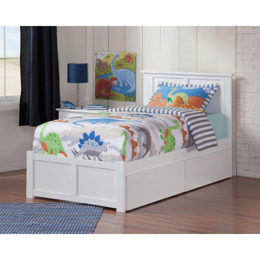 White Twin Wood Platform Bed with Storage Drawers