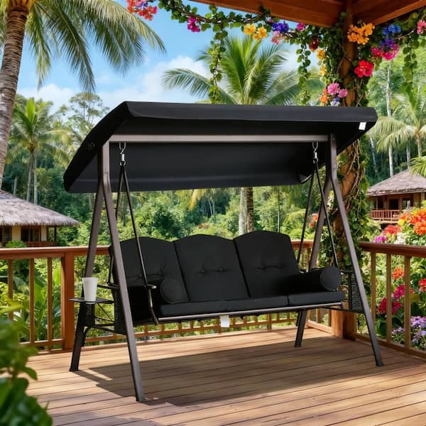 Unbranded 3-Person Black Metal Outdoor Patio Swing with Adjustable Canopy, Cushioned Seats and Cup Holders