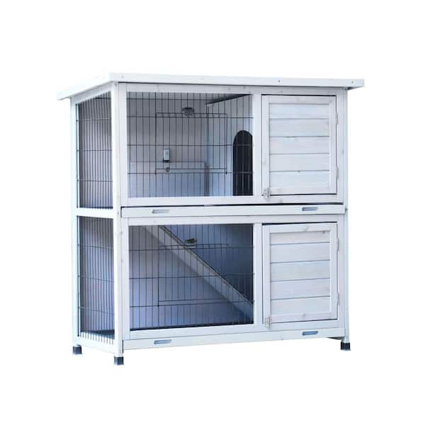 Tunearary 41 in. Fir Wood Outdoor 2-Tier Rabbit Cage Pet Cage with Run and Removable Tray