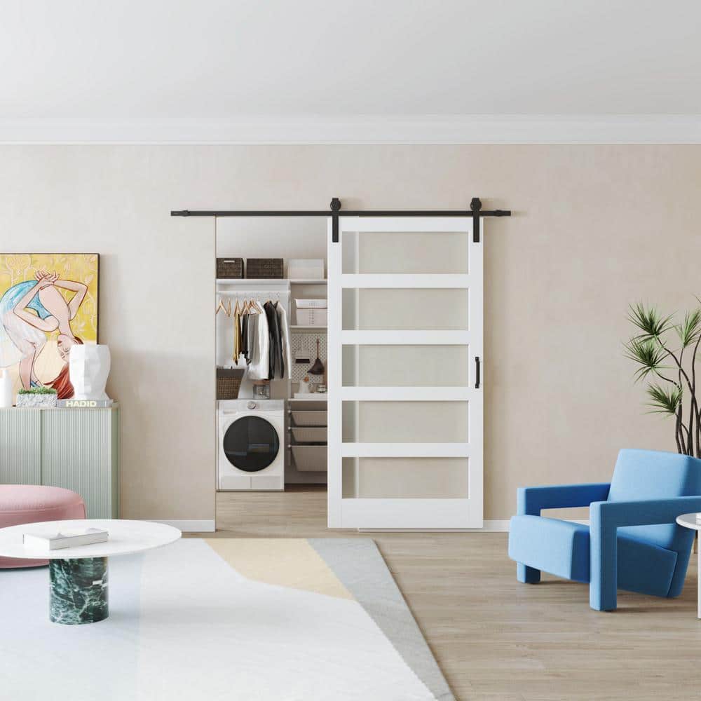 TENONER 42 in. x 84 in. White, Finished, MDF, Frosted Glass, Primed, 5Glass Panel Barn Door