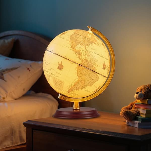 10.5 in. Illuminated World Globe Night Light Up Globe Lamp Wooden Stand and HD Map Bronze
