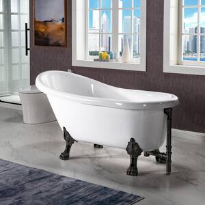 59 in. X 28 in. Acrylic Single Slipper Clawfoot Soaking Bath Tub in White, Claw Feet, Drain and Overflow in Matte Black