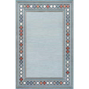 Sebastian Approximate Rug Size (5 x 8 ft.) High-Low Modern Blue/Ivory Diamond Border Indoor/Outdoor Area Rug