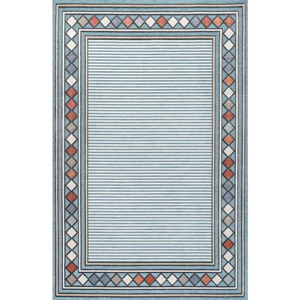 Sebastian Blue/Ivory 8 ft. x 10 ft. High-Low Modern Diamond Border Indoor/Outdoor Area Rug