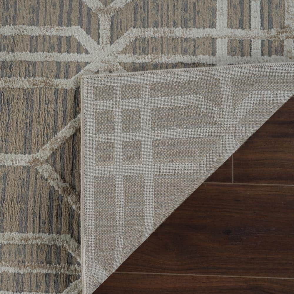 Beige and Brown Geometric Pattern Medium Pile Area Rug