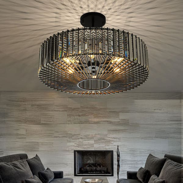 ALOA DECOR 24 in. 6-Lights Unique Crystal Flush Mount Ceiling Light Modern Luxury Ceiling Light in Matte Black for Dining Room