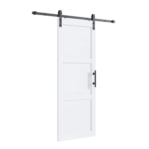 30 in. x 84 in. 3 Lite Manufactured White Finished Solid Wood Core Sliding Barn Door with Hardware Kit