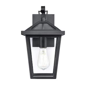 Mensun 14.5 in. 1-Light Textured Black Outdoor Hardwired Lantern Wall Sconce with Clear Glass