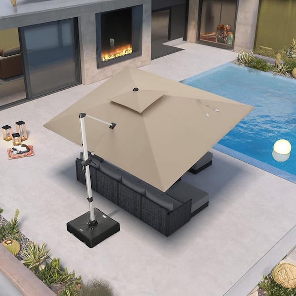 9 ft. x 12 ft. Sunbrella Aluminum 360° Rotation Silvery Cantilever Outdoor Patio Umbrella with Base in Deep Beige