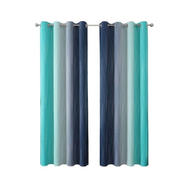 Navy Blue and Teal Polyester - 52 in. W x 84 in. L Ombre Blackout Curtains with Lining, Rod Pocket Style (Set of 2)
