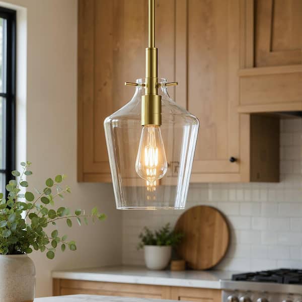 RayHome 7.87 in. 1-Light Modern Brass Adjustable Hanging Pendant Light with Clear Glass for Kitchen Island Dining Room