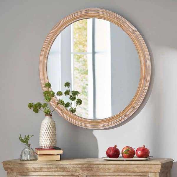 Avex Brown 27.55 in. W x 27.55 in. H Art Deco Round Wooden Framed Mirror