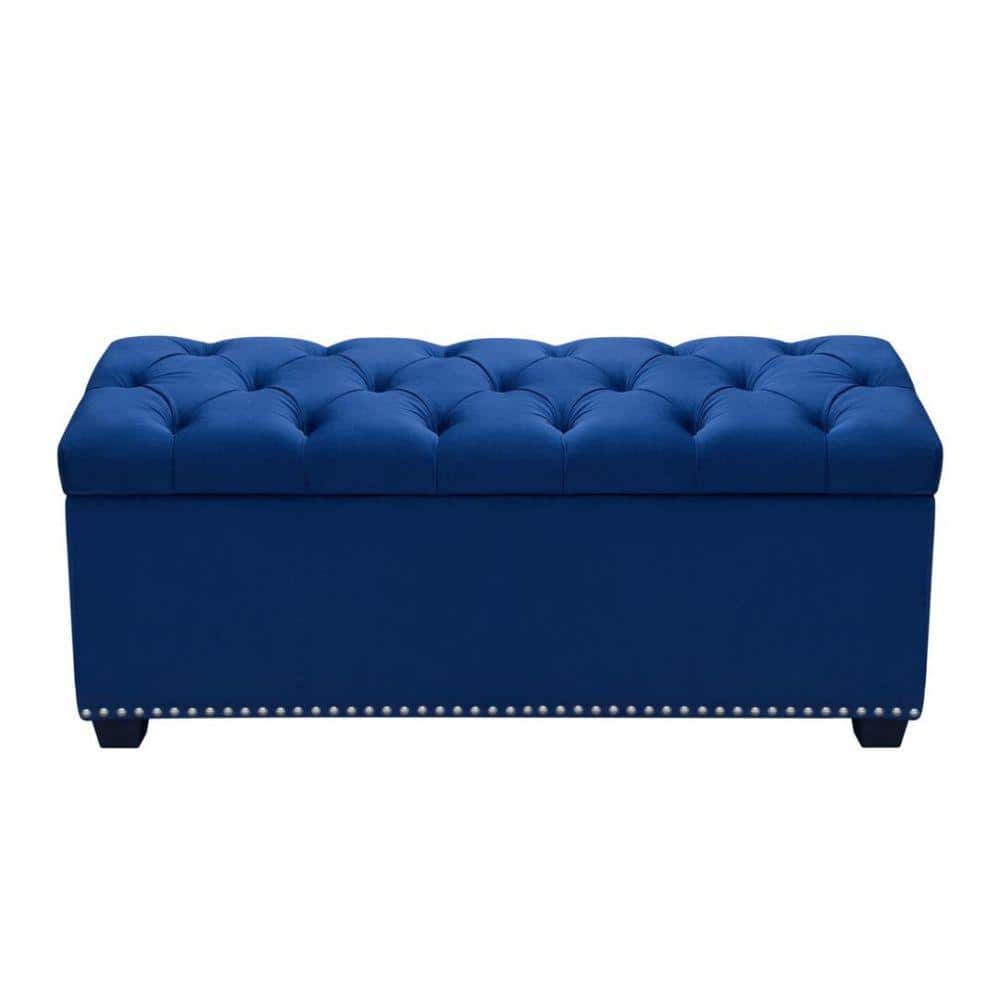 Benjara Blue Velvet Upholstered Button Tufted Bench Trunk with Lift Top ...