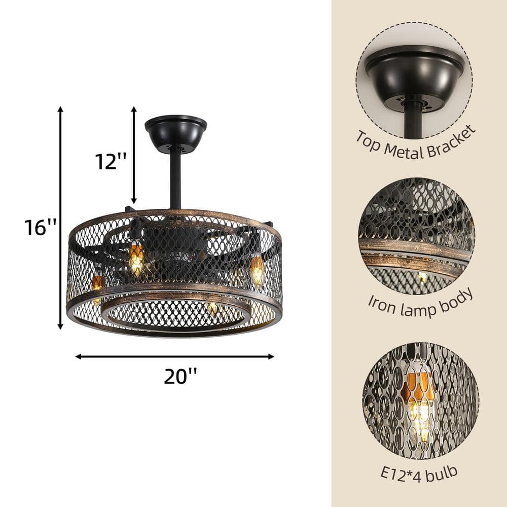20" Black Steel Caged Ceiling Fan with Warm Lighting and Remote Control
