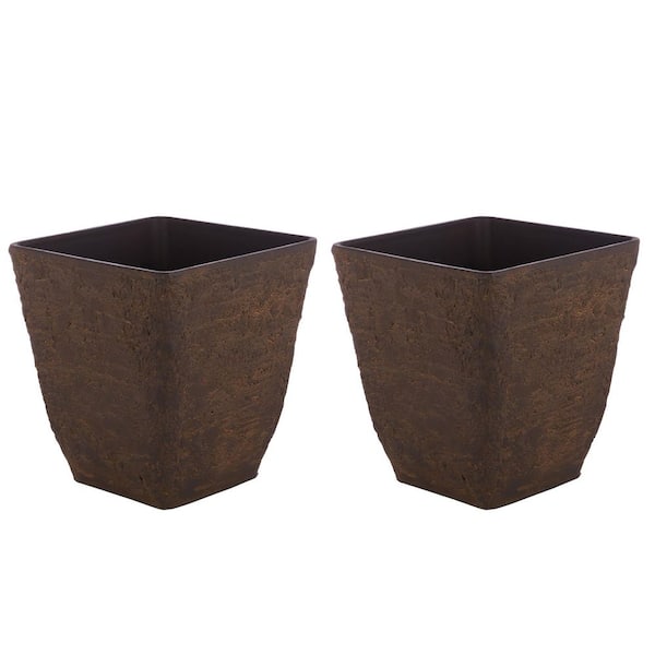 Alpine Corporation Small, Brown Indoor/Outdoor Stone-Look Resin Squared Planter (Set of 2)