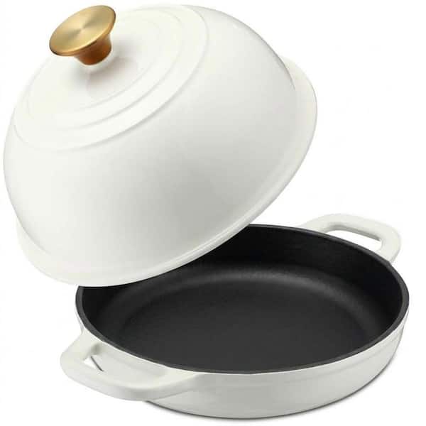 Enameled 6 Quart Round Cast Iron Dutch Oven Pot White with Dome Lid for Sourdough Bread Baking and Cooking