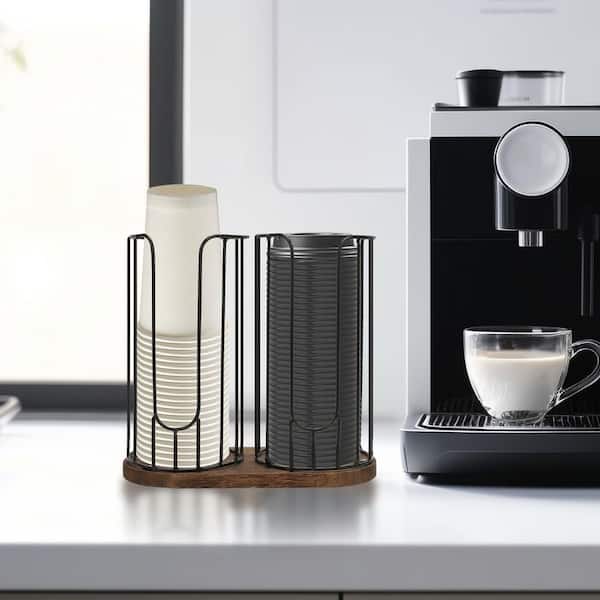 Farmhouse Wood Iron Finish 2-Compartment Coffee Cup and Lid Organizer for 18 oz. Disposable Cups Countertop