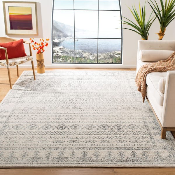 Tulum 12 ft. x 15 ft. Ivory/Gray Border Striped Distressed Area Rug
